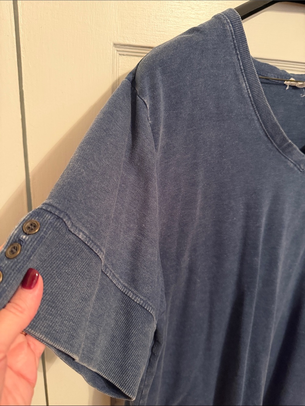 Jane and Delancey Washed Blue V-Neck Short Sleeve Tee with Button Tab Sleeves - Picture 2 of 5
